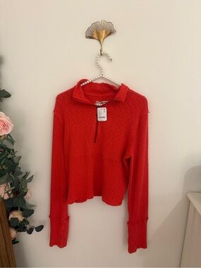 We The Free Red Ribbed Half-Zip Pullover Sweatshirt